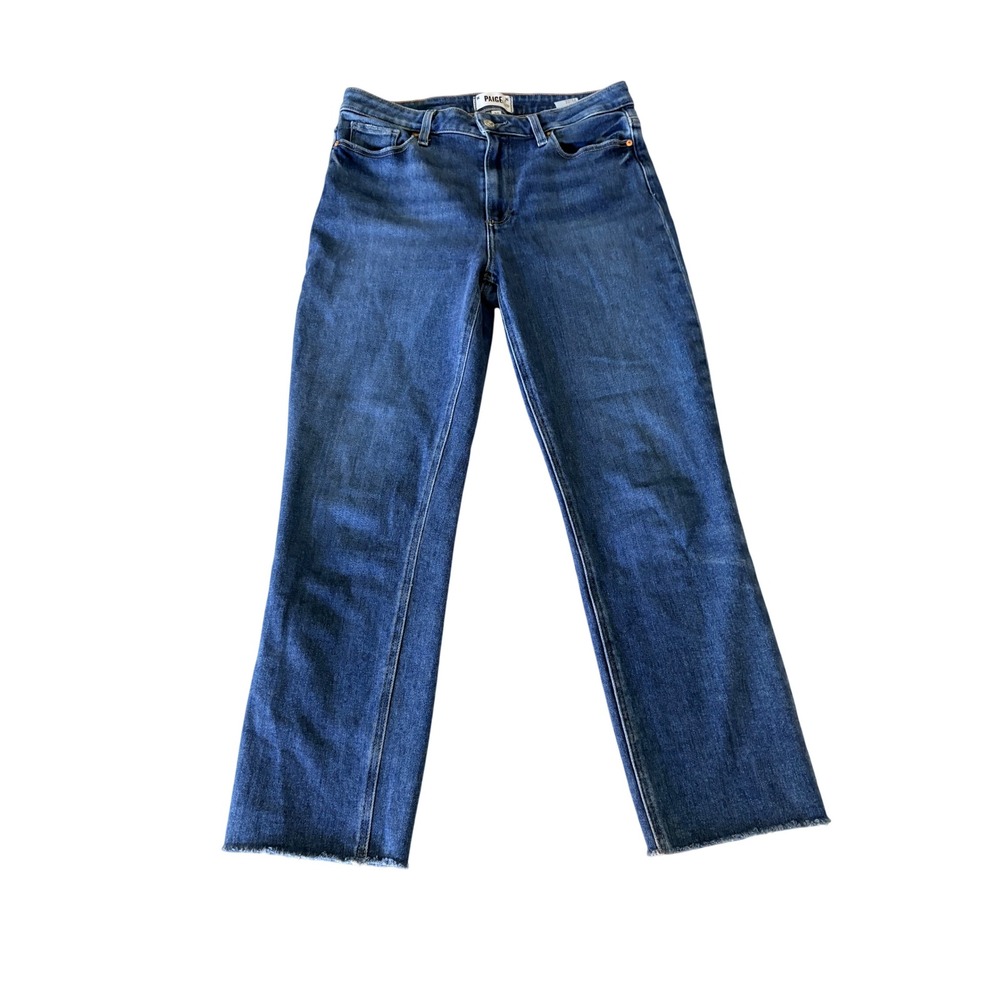 PAIGE Cindy Crop High Rise Straight Leg Jeans Medium Blue Raw Hem Size 30